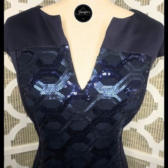 Connected Apparel Navy Blue Sequin Cap Sleeve Sheath Dress Size 14 - Picture 4 of 11